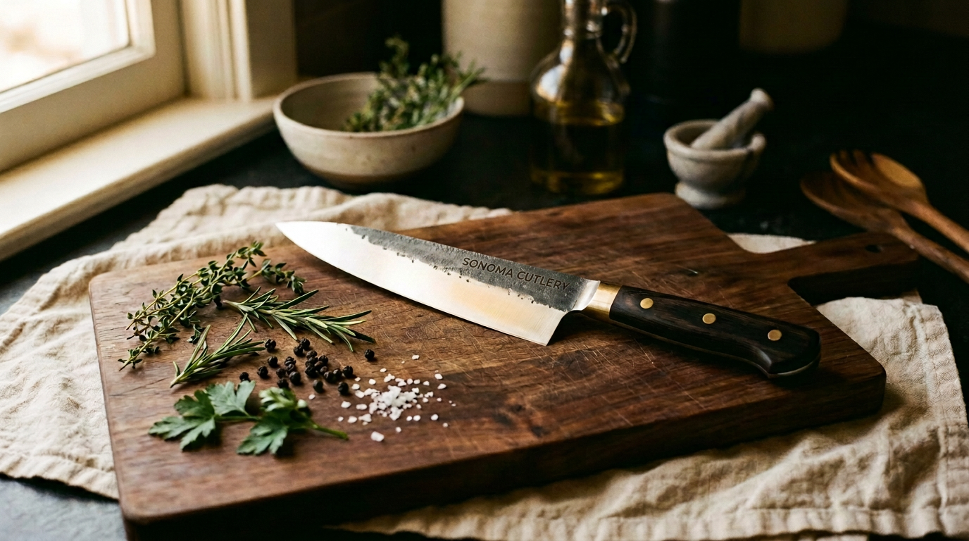 Premium chef knife on a walnut cutting board with fresh herbs