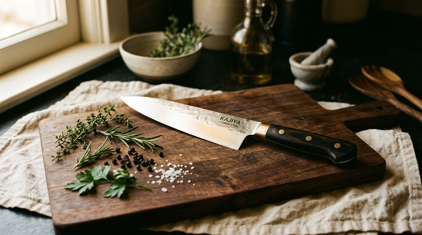 Premium chef knife on a walnut cutting board with fresh herbs